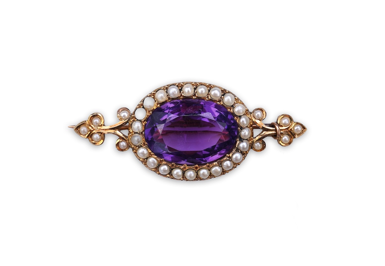 An Edwardian amethyst and seed pearl brooch, early 20th century